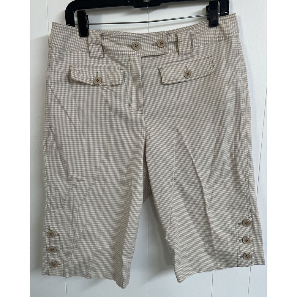EUC Brown Checked Trousers Shorts Bermuda Larry Levine Stretch Chic Size 12 Cute